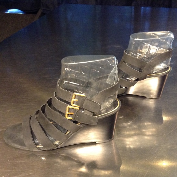 Lauren Ralph Lauren Aleigh Sandals Women's Sz 9.5B Strappy Wedge Black  Leather - Picture 1 of 10